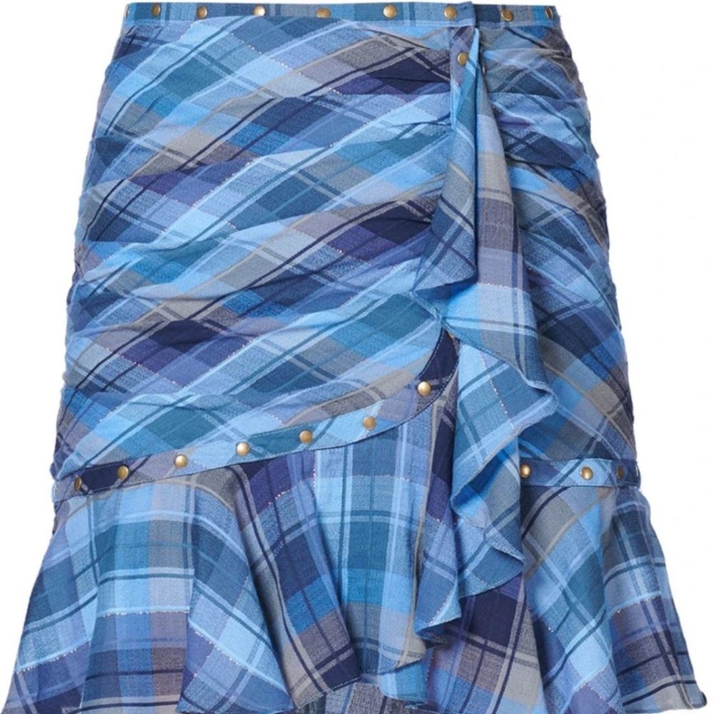 VERONICA BEARD Parris Blue Plaid Ruffle Mini Skirt